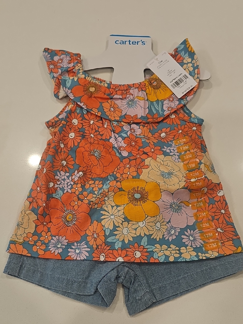Carter's Bright Floral Ruffle Neck Top with Chambray Shorts